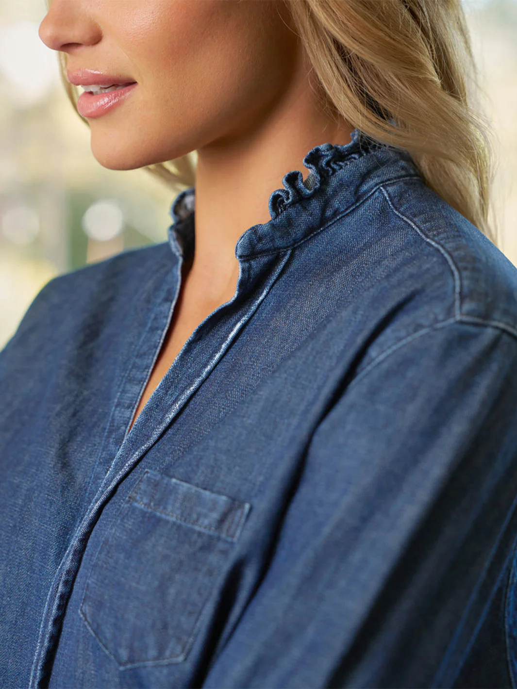 Eileen Ruffle Collar Button-Up Shirt in Vintage Dark Indigo Wash - Image 3