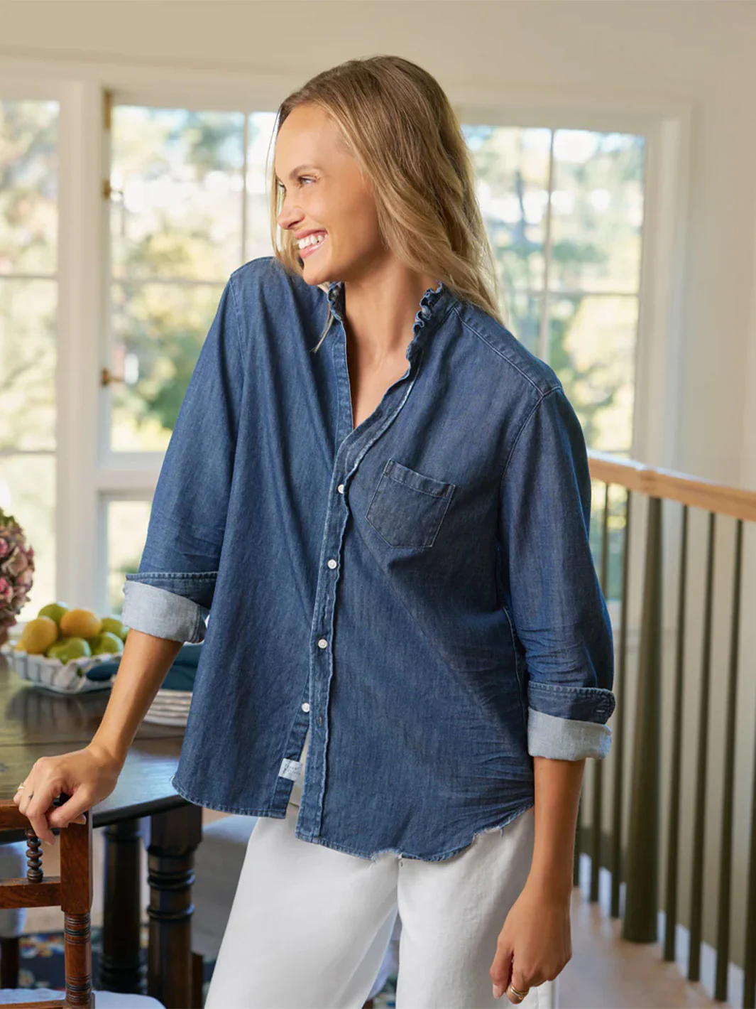 Eileen Ruffle Collar Button-Up Shirt in Vintage Dark Indigo Wash - Image 4