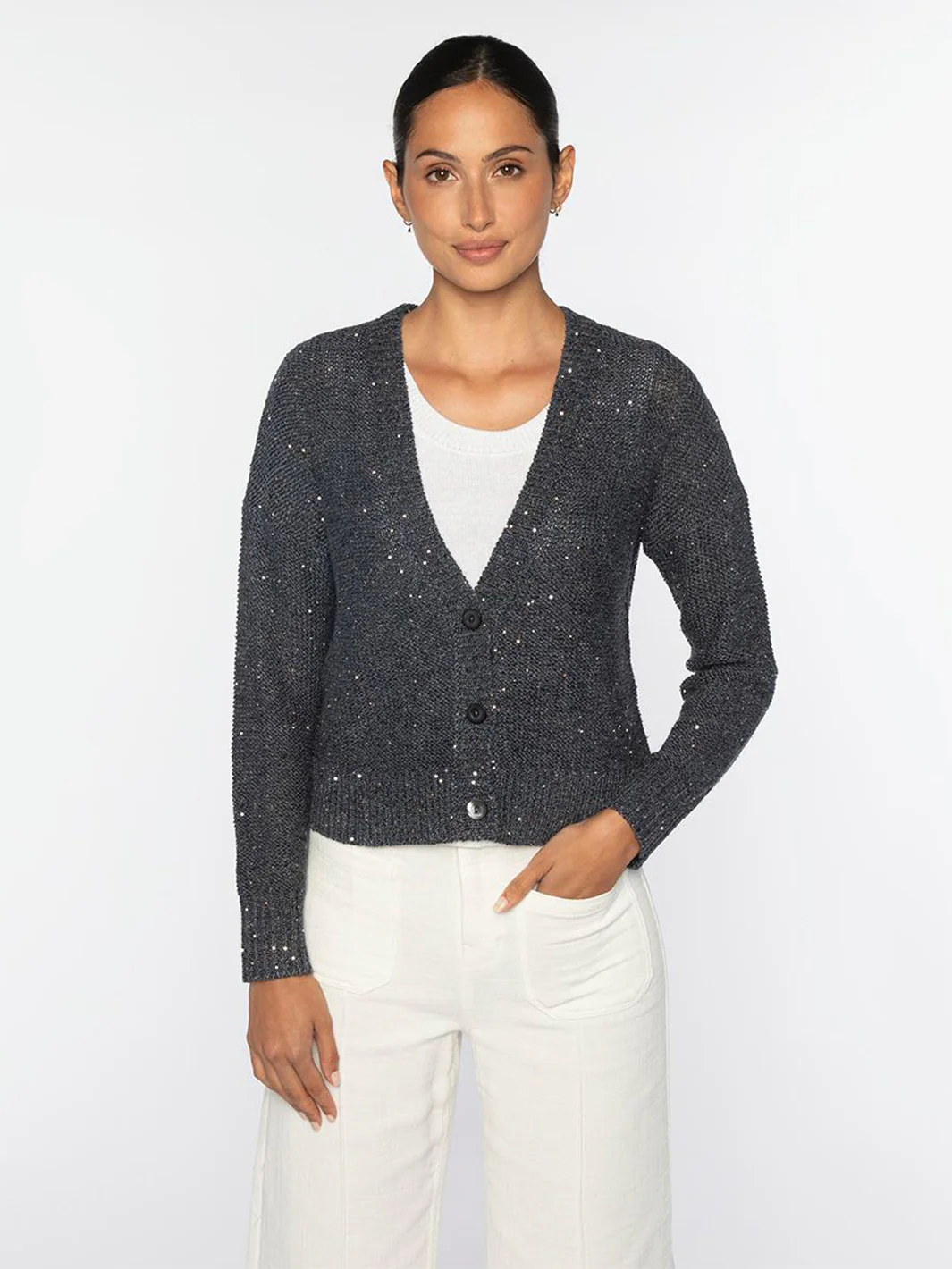Sequin Vee Cardigan in Indigo