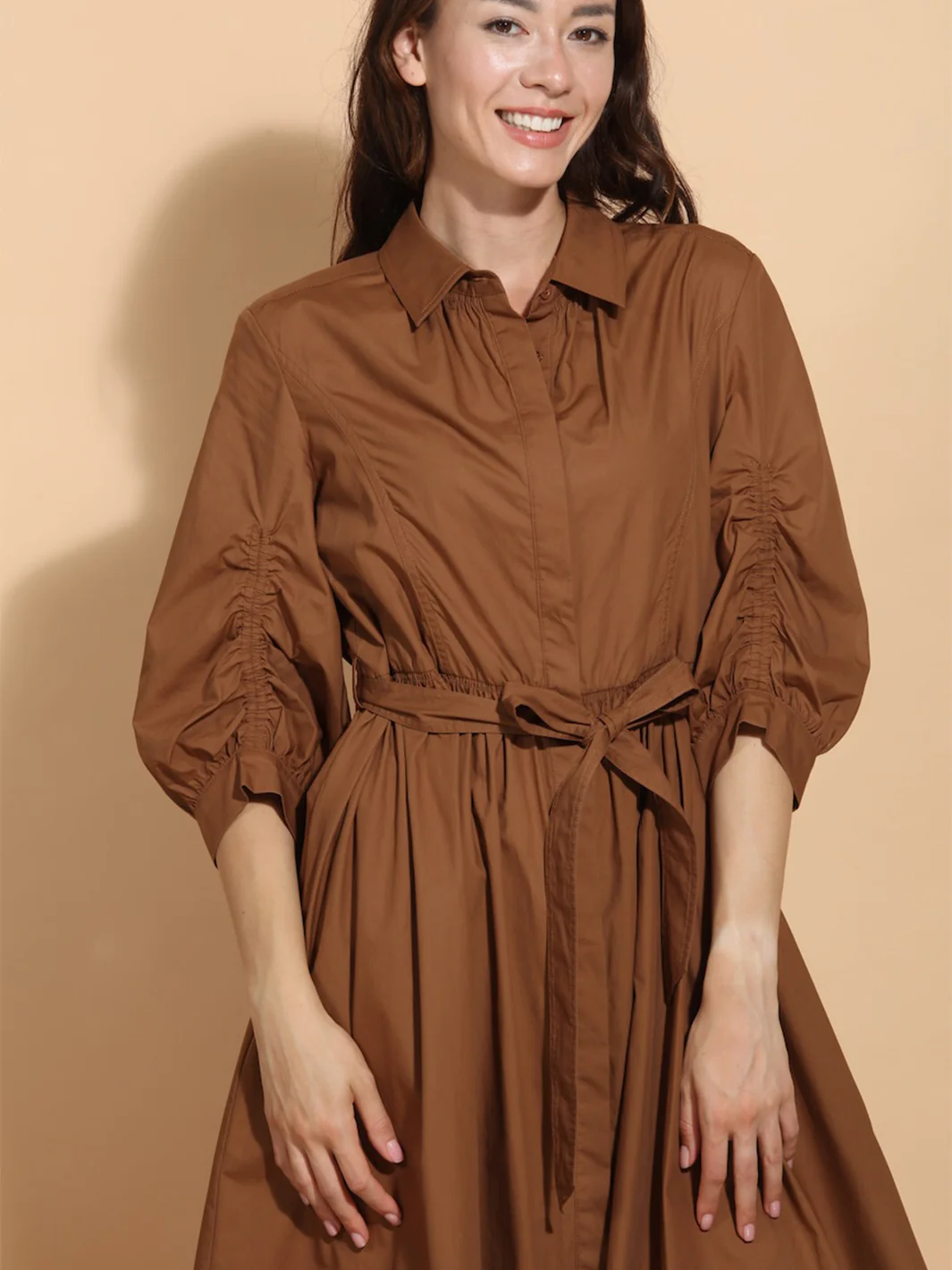 Shirt Dress w/Ruching in Brown - Image 4