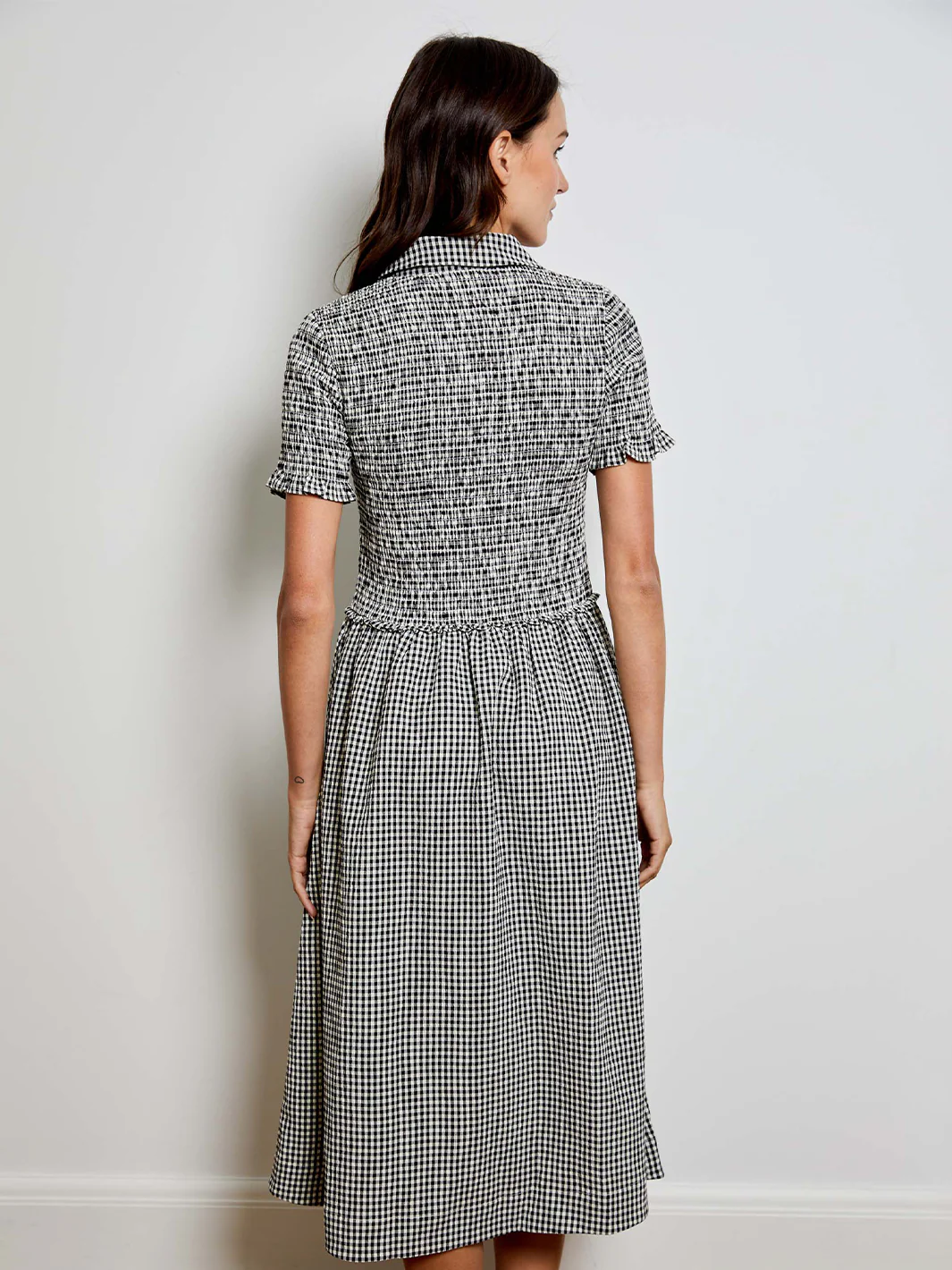 Smocked Ginham Dress in Black/White Marl - Image 3